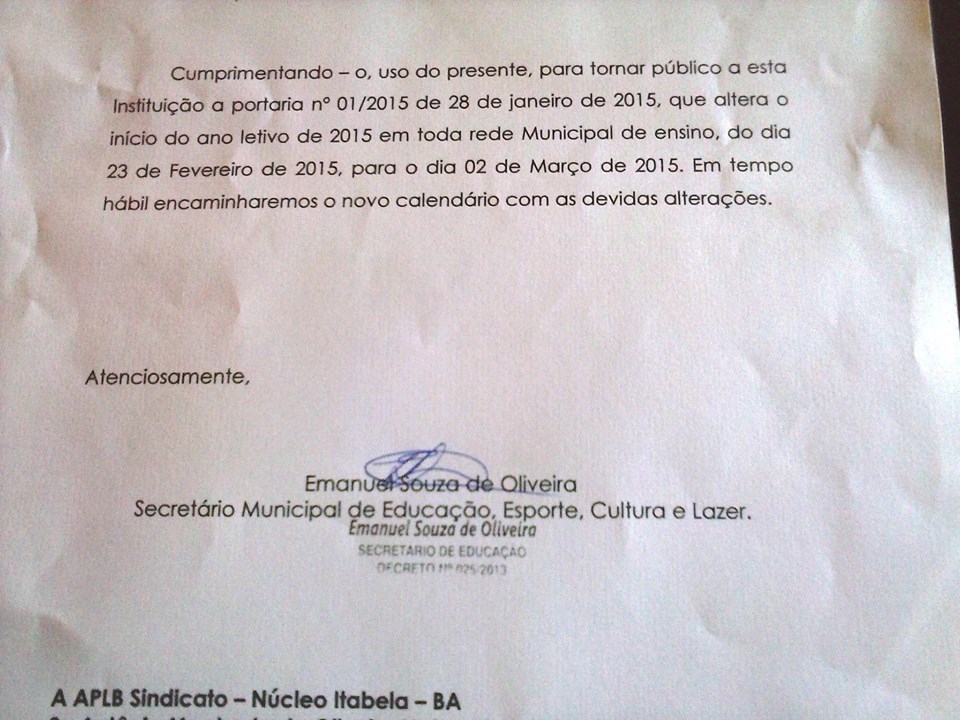 Oficio enviado à APLB Sindicato. (Imagem: reprodução rede social)