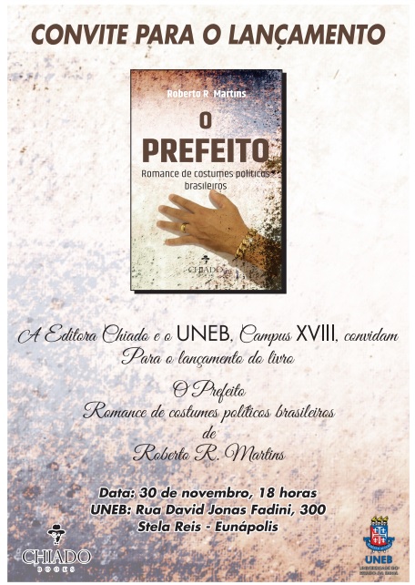 Convite para lançamento do livro “O Prefeito”, de Roberto Martins