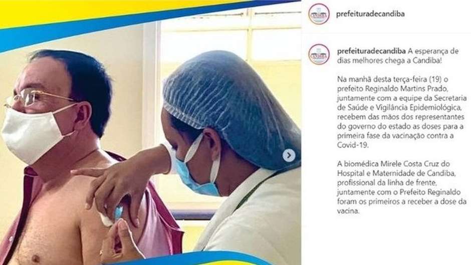 Prefeito de Candiba (BA), Reginaldo Prado foi vacinado contra a covid-19 e se tornou alvo do Ministério Público  Foto: Reprodução / BBC News Brasil
