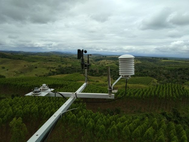  Foto do alto das torres de monitoramento de incêndio, mostrando parte dos equipamentos de monitoramento climático e florestas Veracel ao fundo. (Foto: Divulgação Veracel)