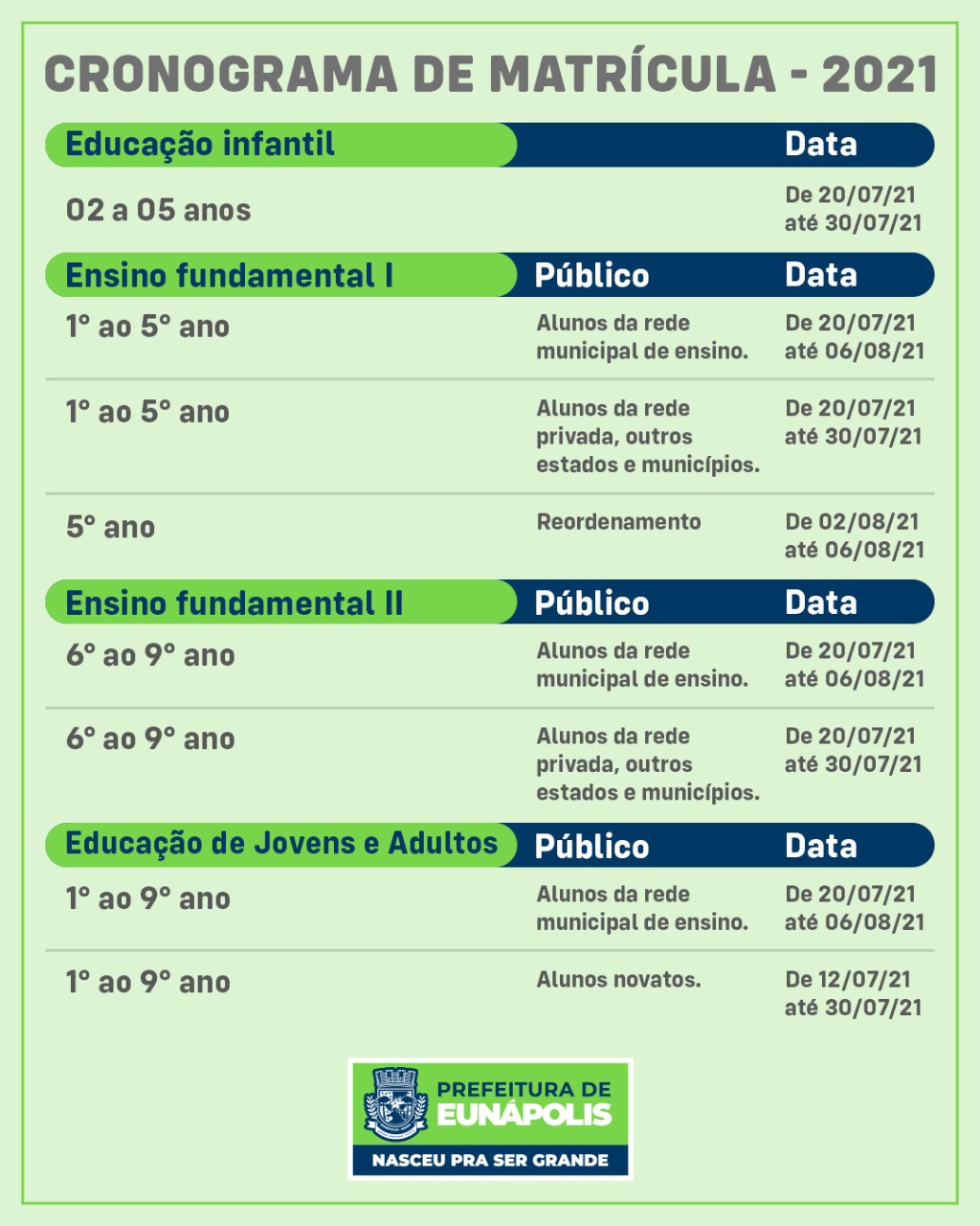 Cronograma de matrículas para o ano letivo 2021 em Eunápolis