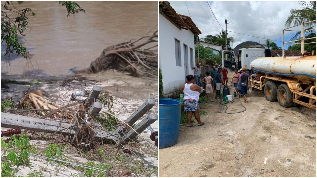 Área de captação de água de São João do Sul, povoado de Guaratinga / Carro pipa distribuindo água potável aos moradores do povoado
