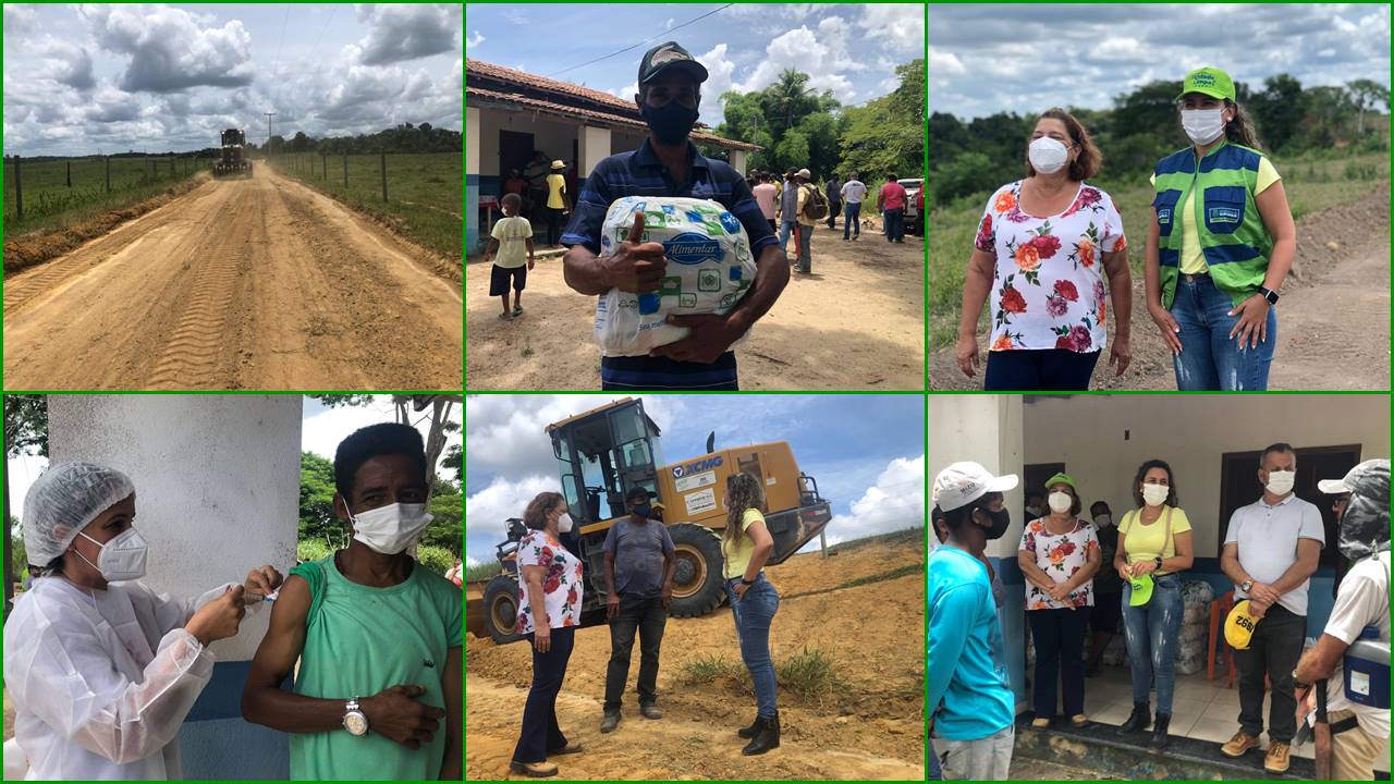 Prefeita Cordélia Torres e secretária de Agricultura, Eliane Meneses, visitam comunidades rurais / Ações: patrolamento de estradas, concessão de cestas básicas, vacinação contra Covid-19